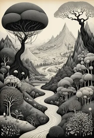 A surreal black-and-white fantasy landscape featuring large, intricate trees with organic linework, winding river paths, and textured mountains under a dreamlike sky.