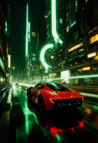 Highly detailed red sports car driving through a futuristic neon-lit cyberpunk cityscape at night with glowing green and yellow lights illuminating tall buildings.