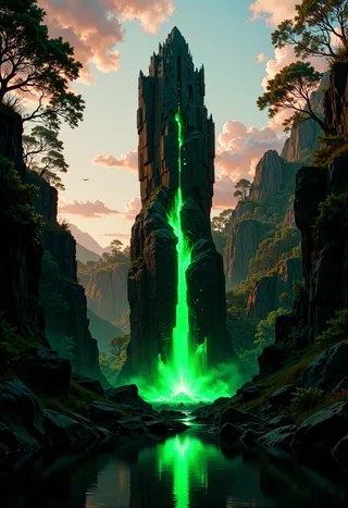 Tall rock monolith with a vivid emerald glow, surrounded by mountainous forest, under a colorful sky, reflecting in a calm pool of water.