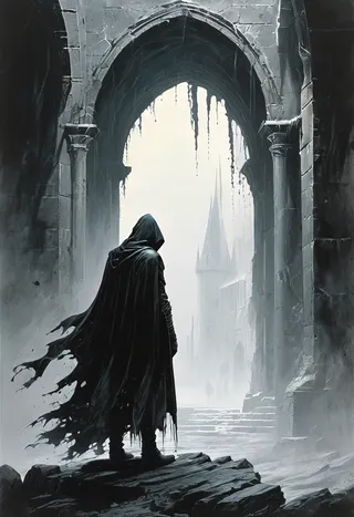 A dark, faceless, hooded figure wearing a tattered cloak stands under a gothic stone archway, overlooking a misty castle in the distance.