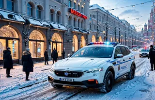 A high-tech police car with LED lights parked on a snowy street in Moscow, surrounded by snow-covered buildings and people dressed for winter.