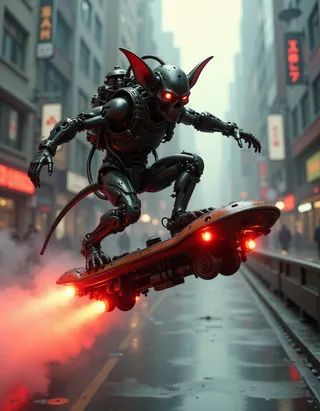 Steampunk goblin robotic figure with glowing red eyes surfing a levitating hoverboard emitting red flames, racing through a foggy cyberpunk city street.