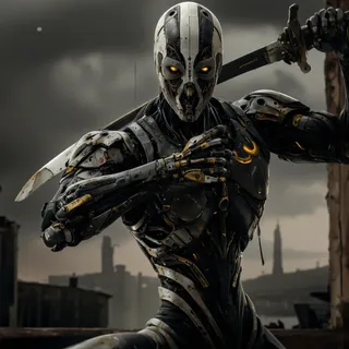 A black and white humanoid robot with glowing yellow eyes grips a sword confidently in an industrial, dimly lit setting with a cloudy sky and distant cityscape.