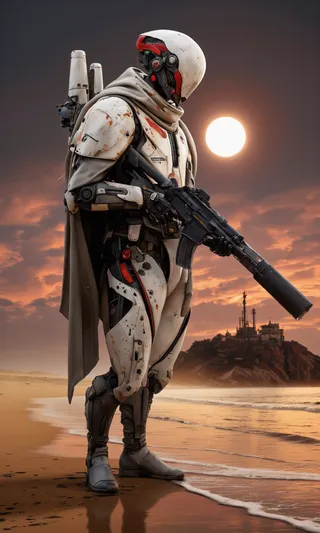 A detailed futuristic humanoid robot in white and red armor holding an assault rifle, standing on a serene beach at sunset with industrial structures in the background.