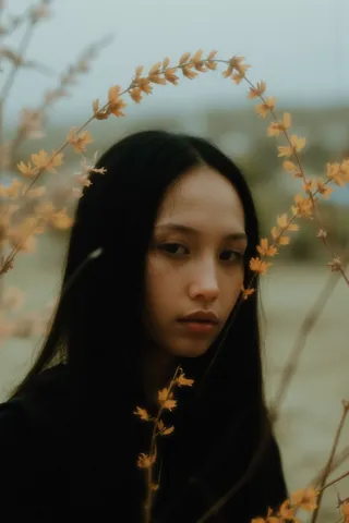 Close-up portrait of a woman with long dark hair surrounded by an arch of delicate yellow flowers against a blurred natural background.