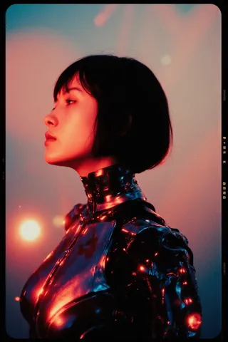 Profile view of a woman with black short hair wearing a shiny metallic futuristic outfit with glowing neon red and blue lights illuminating her face and body.