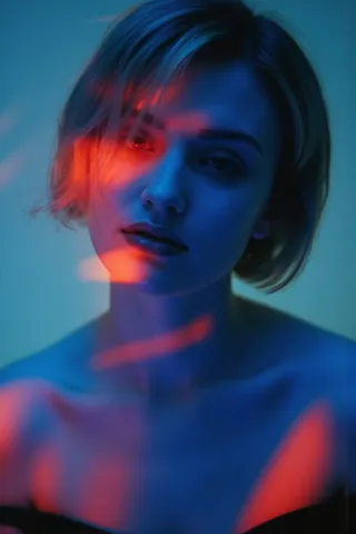 Close-up portrait of a woman with short hair illuminated by blue and red lighting, creating a moody and artistic effect.