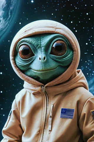 A cute alien with large expressive eyes wearing a beige space suit hoodie against a starry space background.