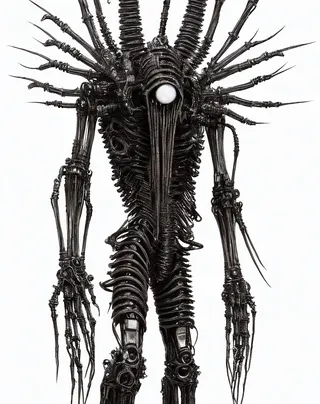 Highly detailed biomechanical creature with cybernetically augmented metal spider-like arms and legs, featuring cables and intricate techwear in the style of H.R. Giger.