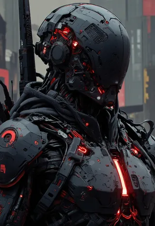 Closeup portrait of a cyberpunk samurai with a detailed black helmet featuring red neon lights and futuristic mechanical armor.