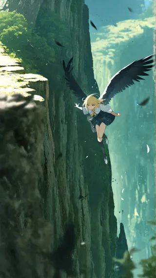 A girl with large feathered black and white wings flying dynamically near mossy green cliffs with a Swedish summer palette and blurred foreground.