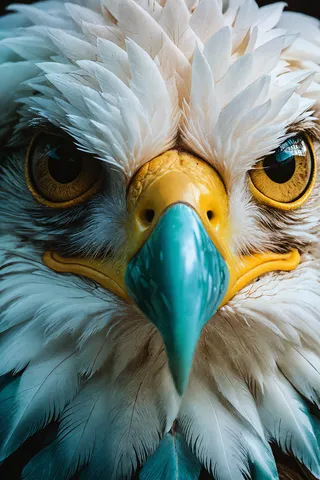 Extreme close-up of a white eagle with detailed intricate feathers, bright yellow eyes, and a prominent cyan-colored beak.