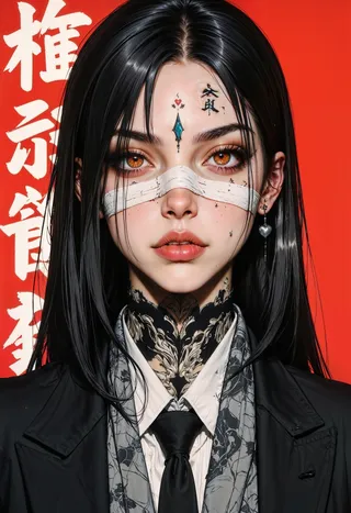 Digital illustration of a young woman with black hair, striking amber eyes, white bandage across her nose, facial tattoos, and wearing a black suit with patterned scarf in front of red background with Japanese characters.