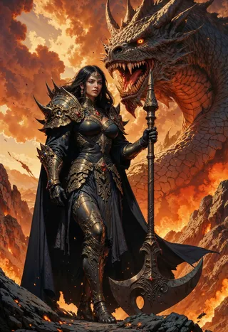 A fierce female warrior clad in ornate dark armor holds a large, intricately engraved battle axe, standing heroically before a colossal, fiery-eyed dragon against a dramatic orange and yellow sky.