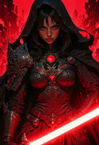 Digital artwork of a fierce female warrior in intricate dark armor and a hooded cape wielding a glowing red lightsaber against a vibrant red background with shadowy figures.