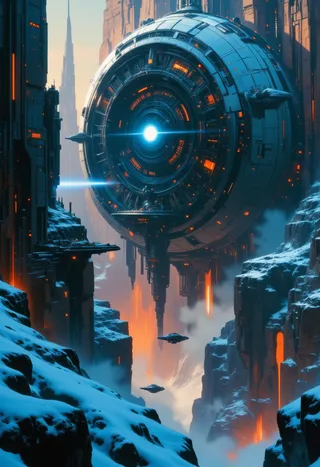 A gigantic circular futuristic mining city embedded in an asteroid, with icy and rugged terrain, illuminated by blue industrial lights and orange spacecraft thrusters, surrounded by tall cliffs and hovering ships.