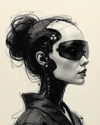 Monochromatic side profile sketch of a futuristic android geisha woman wearing a large dark visor, with an open cyborg mask revealing mechanical parts inside her head and neck.