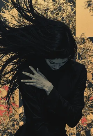 A hyper-realistic image of a young woman in a dynamic, twisted pose with long flowing black hair. She wears black clothing and is set against a detailed background combining organic and geometric shapes in muted red and gold tones with a noir atmosphere.