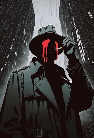 Silhouette of a male figure wearing a fedora and trench coat, with red streaming tears and a cigarette, standing under rain in a dark city.