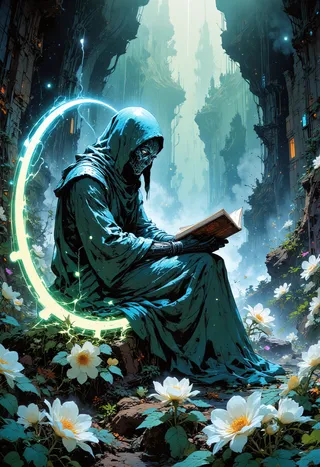 A hooded alchemist figure reading a mystical book while seated on a glowing celestial chair surrounded by white flowers in a misty, otherworldly landscape.