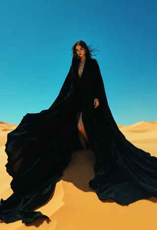 A solitary woman stands atop a golden sand dune under a clear blue sky, draped in flowing near-black velvet robes that cascade dramatically around her. She wears a silver pendant, and the lighting emphasizes deep contrasts reminiscent of chiaroscuro techniques.