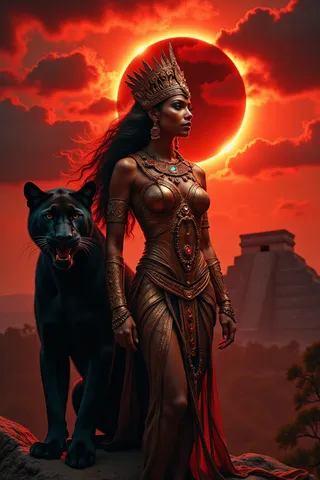 A noble Mayan princess in elaborate bronze ceremonial attire stands beside a fierce black panther under a blood-red solar eclipse sky with a Mayan pyramid silhouette in the background.