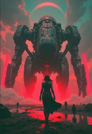 A towering cybernetic leviathan looms over a female character in a dark, dystopian landscape illuminated by ruby red neon and atmospheric haze.