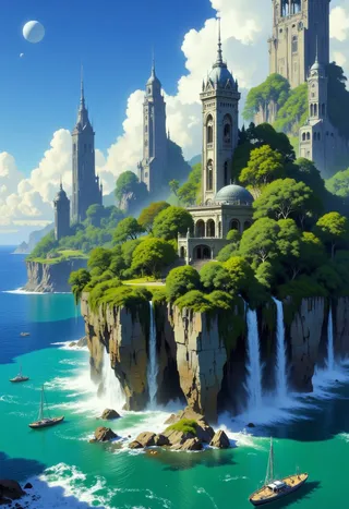 A vibrant digital painting of a fantastical city with tall, ornate towers embedded in towering lush green rock formations featuring multiple waterfalls cascading into a turquoise sea under a bright blue sky with fluffy clouds.