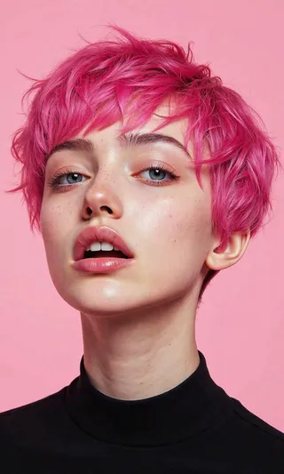Portrait of a young woman with short vibrant pink hair and natural skin tones against a plain pink background, wearing a black top.