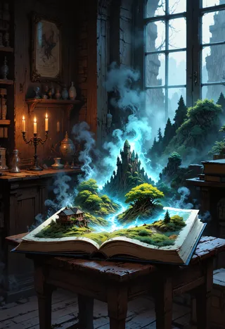 Dimly lit wooden room with an open magic book on a wooden table displaying a fantasy world with trees, mountains, streams, and glowing mist rising from its pages.
