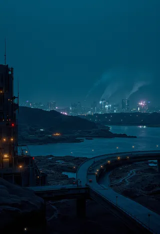 Digital artwork depicting a futuristic cityscape at night with a deep blue sky, a winding bridge over a river, distant factories emitting smoke, and illuminated urban buildings.