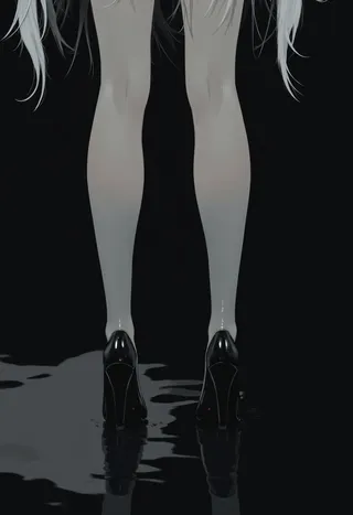 Close-up of muscular legs wearing white transparent stockings and black high-heeled shoes standing on a dark mirrored floor with reflections.