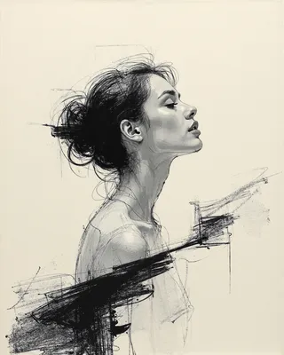 Minimalistic monochromatic charcoal sketch of a woman in profile with abstract black brush strokes and elegant simplicity.