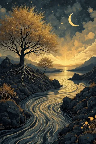 Ethereal landscape featuring a flowing river under a crescent moon and starry night sky, with golden trees along rocky banks.