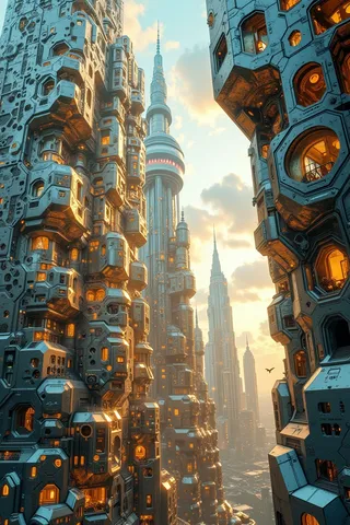 A futuristic metropolis with towering, honeycomb-inspired skyscrapers featuring angular metallic structures illuminated by warm lights and fiber-optic patterns, with clouds of electric vapor surrounding the spires.