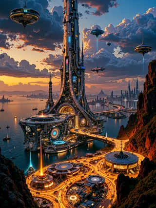 Hyper-detailed futuristic space elevator towering over a high-tech coastal city at twilight, featuring floating vehicles and glowing neon lights.