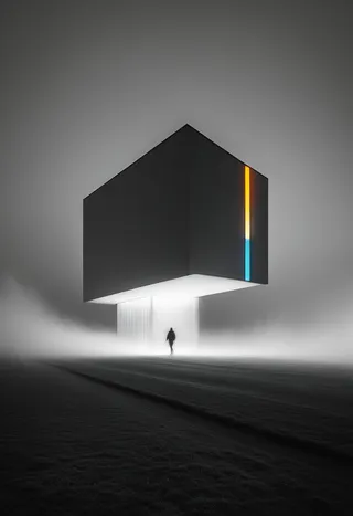 A minimalist dark cube floating above a foggy landscape with a solitary silhouetted figure underneath illuminated by flowing light beams. A vertical strip of bright orange and blue light contrasts the monochrome surroundings.