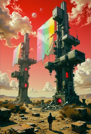 A lone figure stands amid towering futuristic solar sail structures with neon-lit panels under a red sky with two moons in a barren desert wasteland.