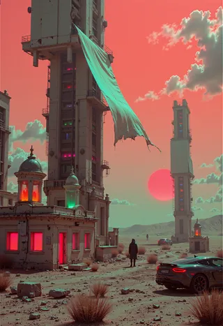 Dystopian desert scene with towering retro-futuristic solar sails accented by neon lights under a red sun and cloudy sky, featuring a lone figure and modern sports cars.