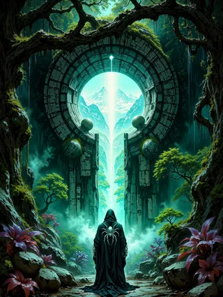 A dark-robed traveler stands before a massive stone portal shaped like a keyhole, set within a dense, ancient jungle illuminated by bioluminescent mushrooms, with a glowing path leading to snow-covered mountains visible through the portal.