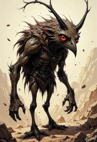 Grotesque humanoid sparrow creature with red glowing eyes, thick matted feathers, long twisted horns, and clawed hands standing on a barren rocky ground.