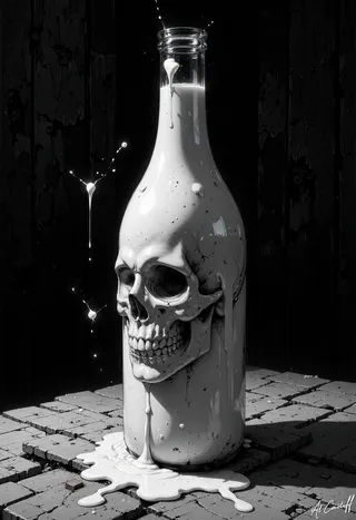 Black and white photo of a glass bottle shaped like a skull, filled with milk, with milk dripping and splashing on a cracked surface against a dark background.