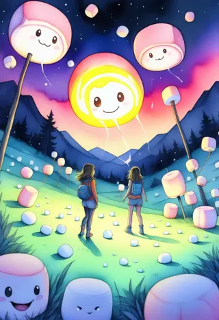 A glowing fantasy landscape with oversized marshmallows floating in the sky and scattered on the ground, with two girls standing in the middle, rendered in watercolor and comic book art style.