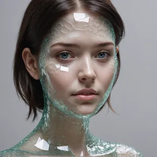 Portrait of a young woman with blue eyes and short brown hair, her face and neck covered in intricate cracked glass resembling transparent skin.
