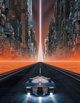 A sleek futuristic vehicle with bright headlights sits centered on a dark road stretching through towering cyberpunk skyscrapers under an orange glowing sky.