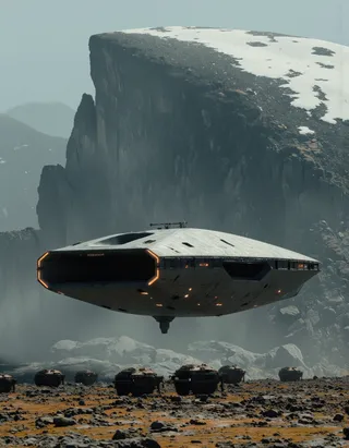 A large futuristic spaceship floating above a rocky, snow-dusted landscape with armored ground vehicles and a towering rock formation in a misty atmosphere.