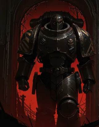 A menacing power armor warrior with glowing red eyes stands silhouetted against a broken window with a fiery red background in a dark interior.