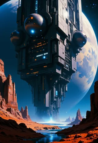 Hyper-realistic CGI render of a high-tech mining city on an asteroid with metallic architecture, set before a large gas giant planet and red rock canyon landscape.