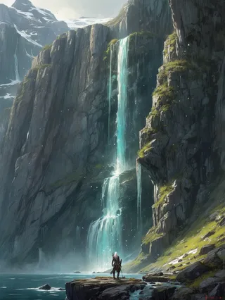 A warrior with white hair stands on a rocky cliff near a tall, cascading waterfall in a Nordic fjord landscape featuring rugged cliffs and misty water.
