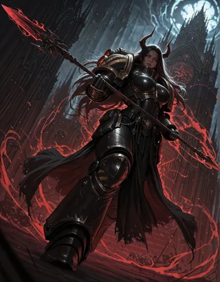 A fierce female warrior in black and gold power armor holding a glowing red spear, standing in a gothic cathedral with supernatural red energy swirling around her.